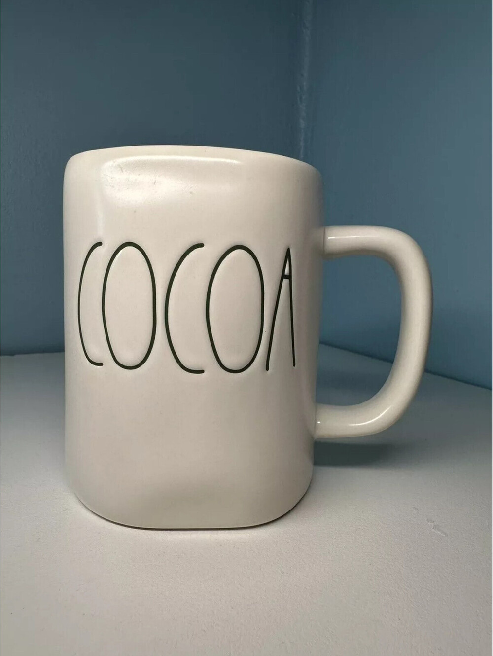 RAE DUNN “COCOA” White Ceramic Coffee Mug - by Magenta Green Writing